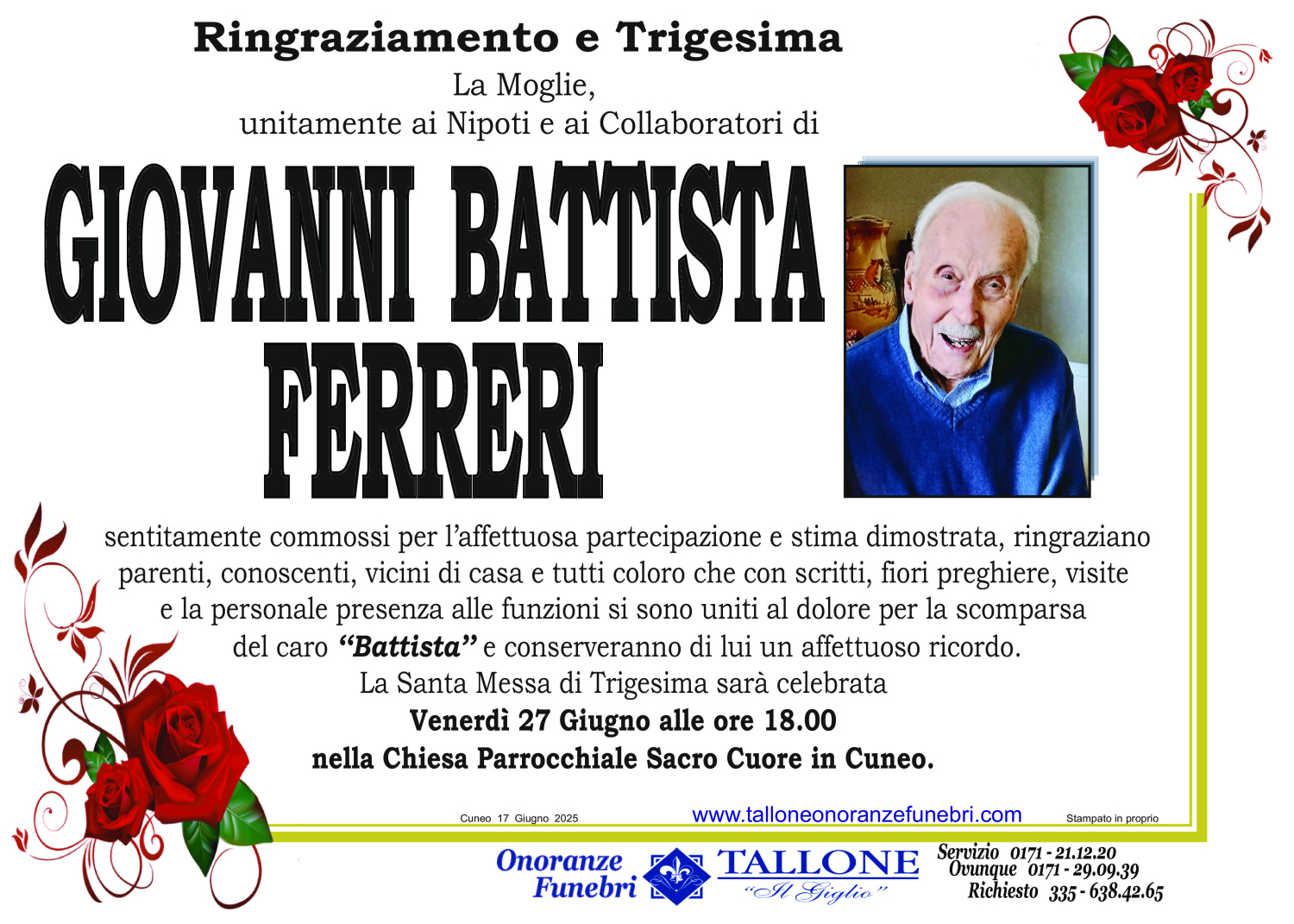 <br />
<b>Warning</b>:  Undefined variable $info in <b>/home/tallone/public_html/ringraziamenti.php</b> on line <b>68</b><br />
Giovanni Battista Ferreri